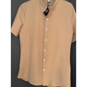 Beige Ribbed Button-Up Shirt Band Collar S